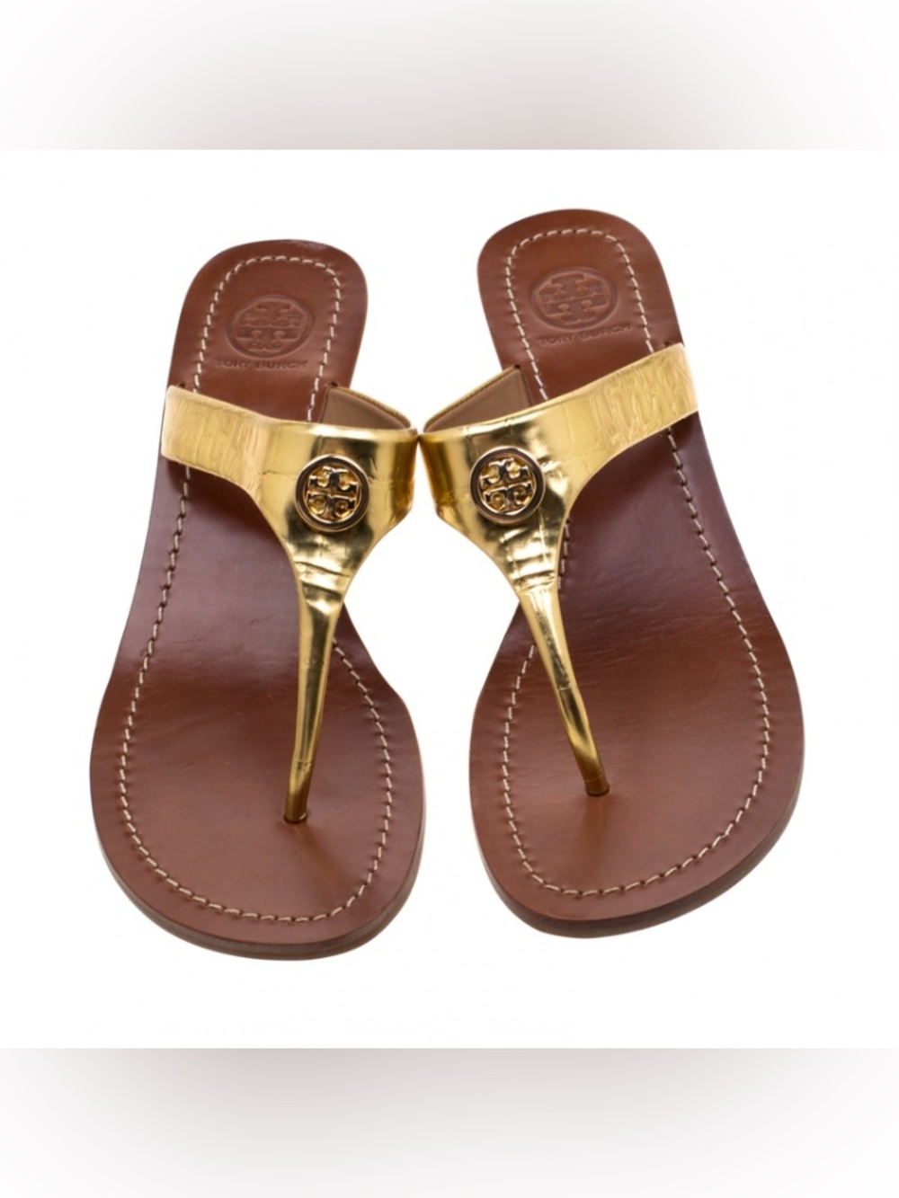 Tory Burch Cameron 50mm Wedge Thong Petite Dorothy Sandals Gold Size 9.5 Box